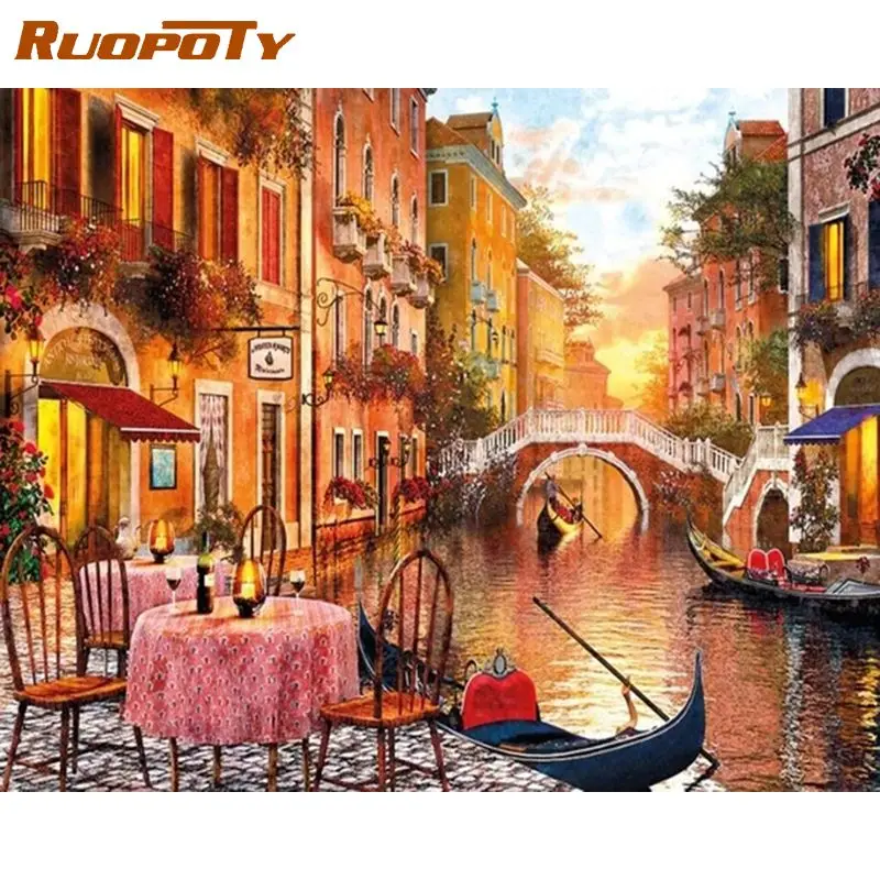 

RUOPOTY Diamond Painting With Frame 5D DIY Full Round Square Mosaic Embroidery Town Landscape Cross Stitch Crafts Unique Gift