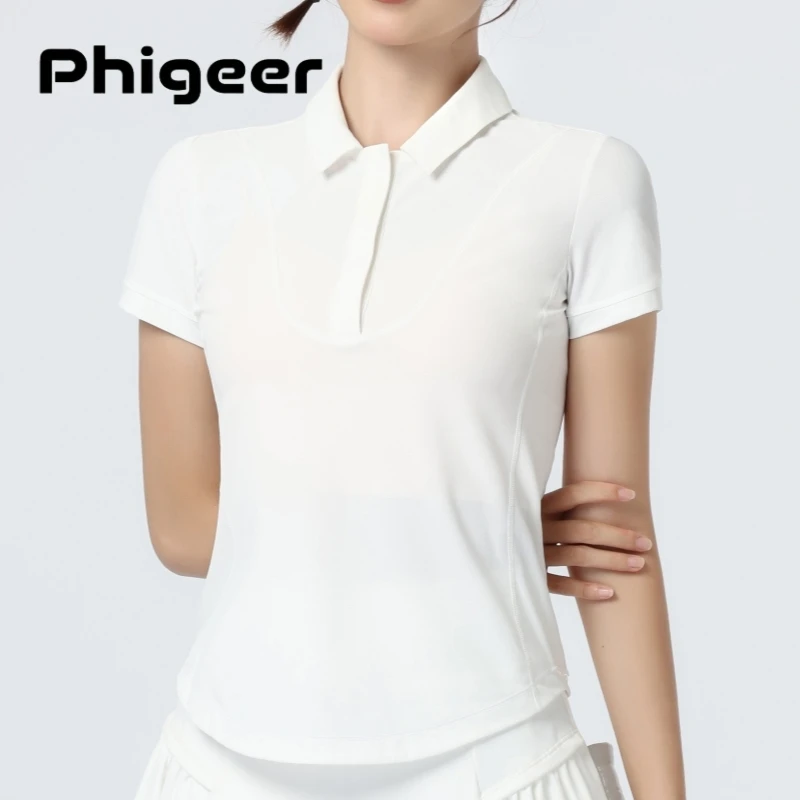 Фото Футболки-поло PHIGEER UPF 50+ для занятий йогой, влагоотводящая футболка для гольфа с молнией на 1/4, спортивная футболка для женщин, летняя спортивная футболка для тренировок и бега №1
