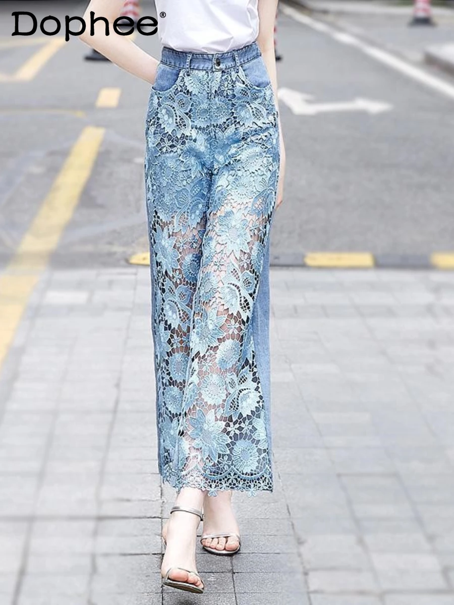 

Elegant Lace Hollow-out Stitching Wide-Leg Pants for Women 2022 Summer New Denim High Waist Loose Drooping Trousers Pantalones