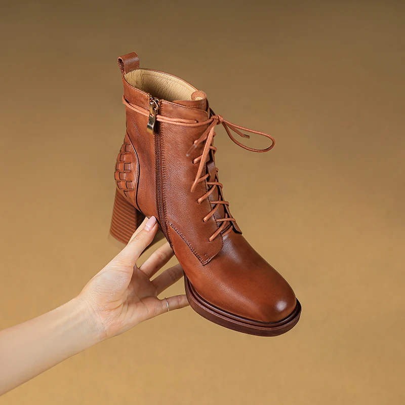 

2022 new Women ankle boots natural leather 22-24.5CM Washed soft cowhide full leather modern boots Leather weave Outdoor Boots