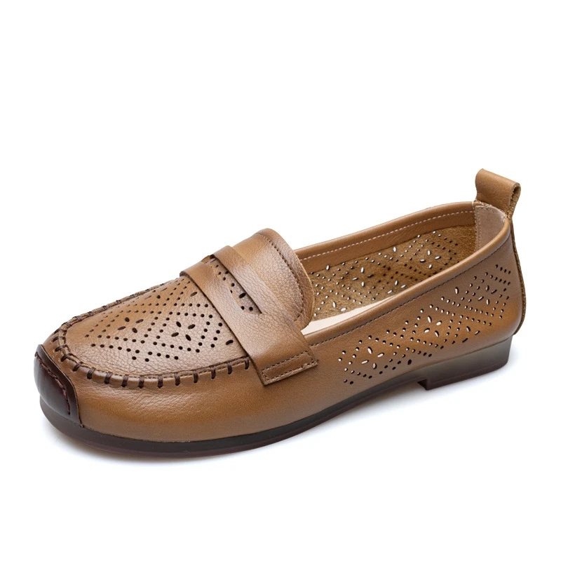 Autuspin Retro Women's Shoes Genuine Leather Flats Summer Breathable Soft Soled Loafers Novelty Leisure Hollow Out Moccasins