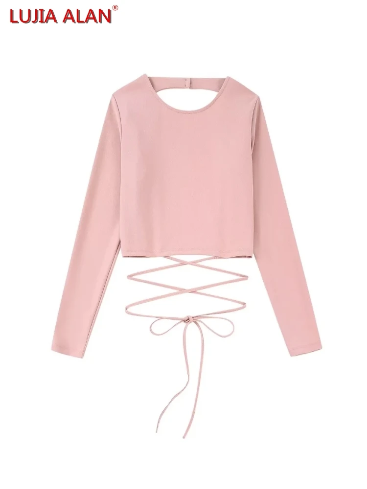 

Женские пикантные короткие блузки на шнуровке с открытой спиной, свободная блузка, женская рубашка с длинным рукавом, укороченные топы, LUJIA ...