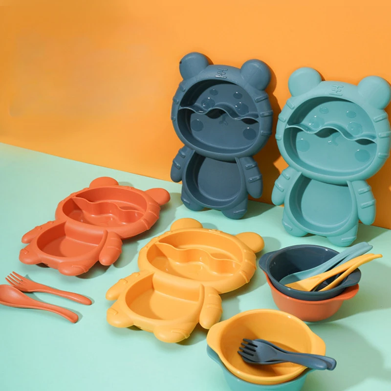 

Cartoon Tiger Dishes Baby Silicone Sucker Bowl Baby Bear Face Plate Tableware Set Smile Face Baby Tableware Set Retro Kids Plate