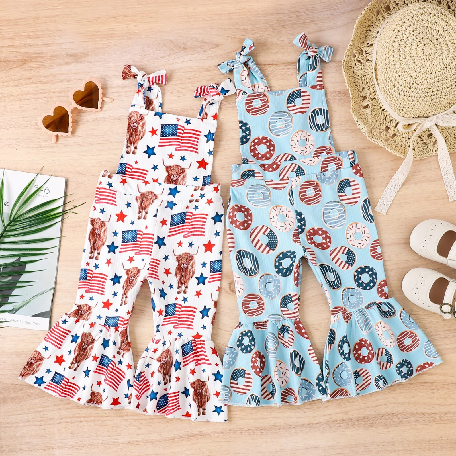 

Independence Day Jumpsuit Casual Toddler Outfits Daily Wear Bell-Bottom Kids Wide Leg Pants Bodysuit Summer Clothes for Baby