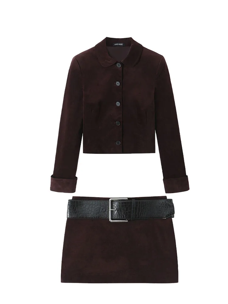 HH TRAF 2024 Woman Set Turn-Down Collar Long Sleeve Single-Breasted Coats+High Waist Belt Zipper Skirts Autumn Suit Trendy