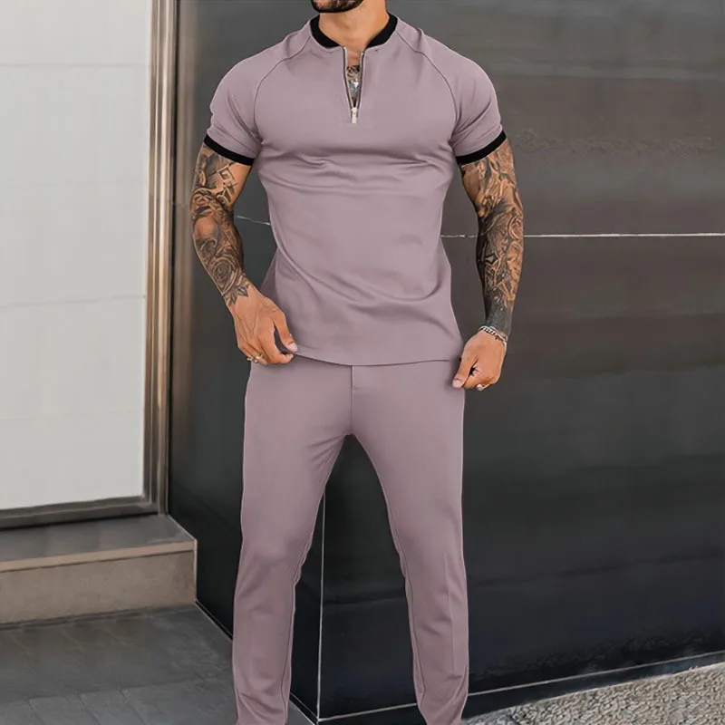 Summer Men's Suit Solid Color Street Suit Crewneck Casual Short Sleeve T-shirt + Trousers Casual Quick Drying Men's Clothing