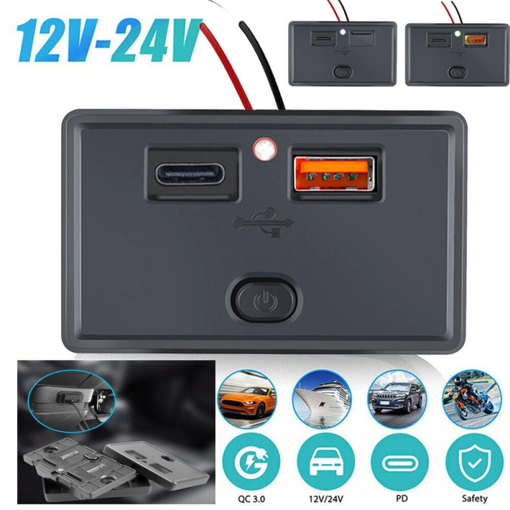

QC3.0+PD Dual USB Port Charger Car RV Fast Charger Socket Adapter LED Power Outlet Waterproof For 12V/24V Vehicles