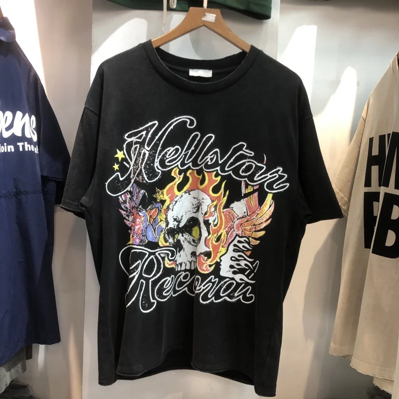 

Футболки Hellstar Studios винтажные стираемые старые с коротким рукавом хип-хоп Уличная Футболка с принтом пламени черепа для мужчин и женщин