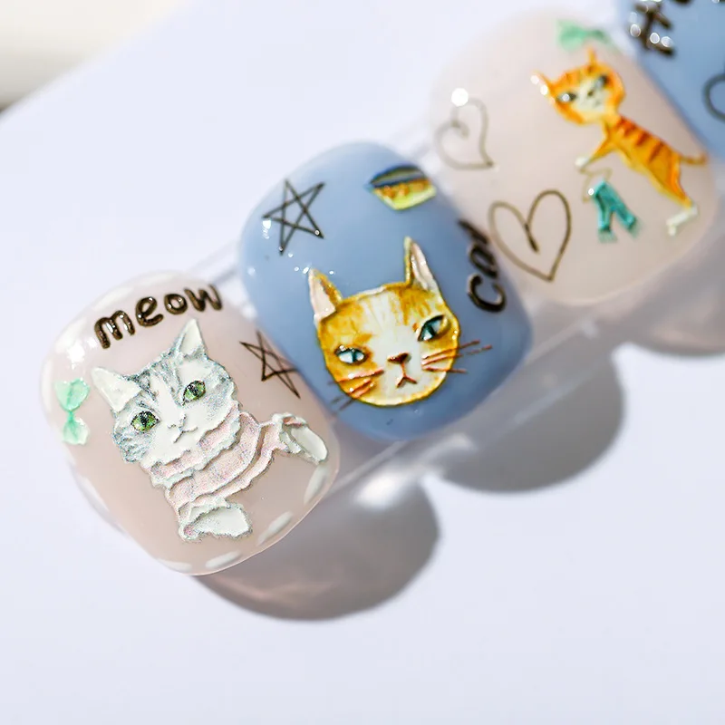 

Cartoon Colorful Little Cat Pattern Nail Stickers Self-Adhesive Transfer Decals Slider 3D DIY Tips Nail Art Decorations Manicure