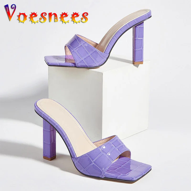 

2022 Summer New 10CM Fashion High Heel Shoes Small Fresh Women Wide Vamp Square Head Sandals Purple Thick Heel Outdoor Slippers