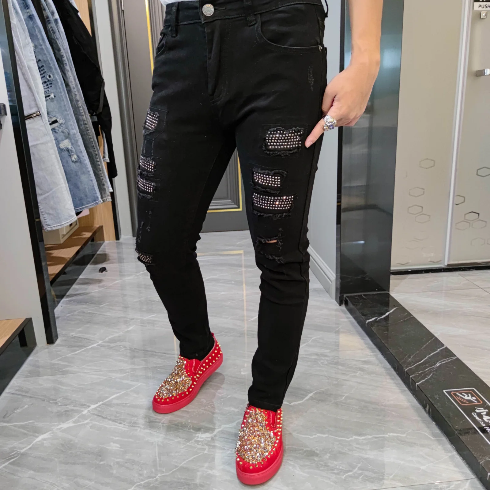

Black Hole Pants Rhinestones Patchwork Ripped Tights European Brand Pant Men Slim Stretch Jean Denim Trousers