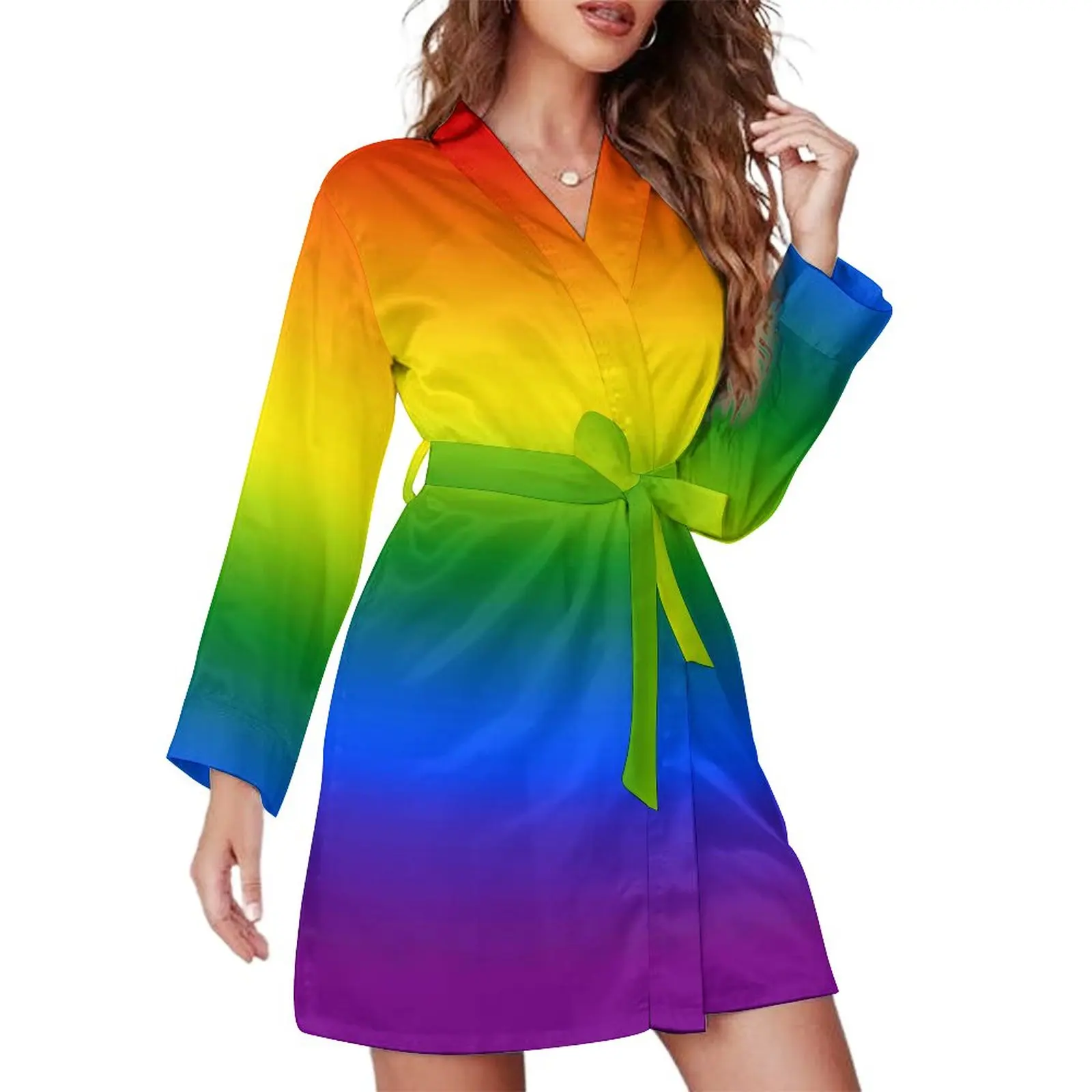 

Rainbow Ombre Pajama Robe V Neck Pretty Bright Colorful Graphic Bathrobe Women Romantic Pajamas Robes Autumn Comfortable Dresses