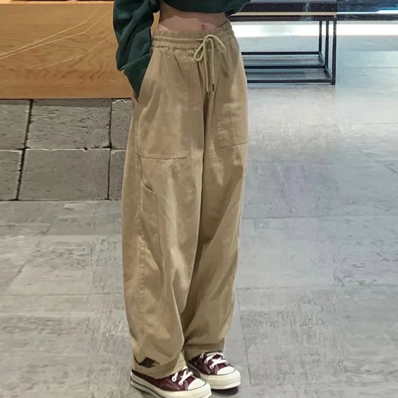 

Vintage Cargo Pants Women Khaki Wide Leg Pants Unisex Harajuku Baggy Sweatpants Hip Hop Trousers Drawstring Streetwear Pantalon