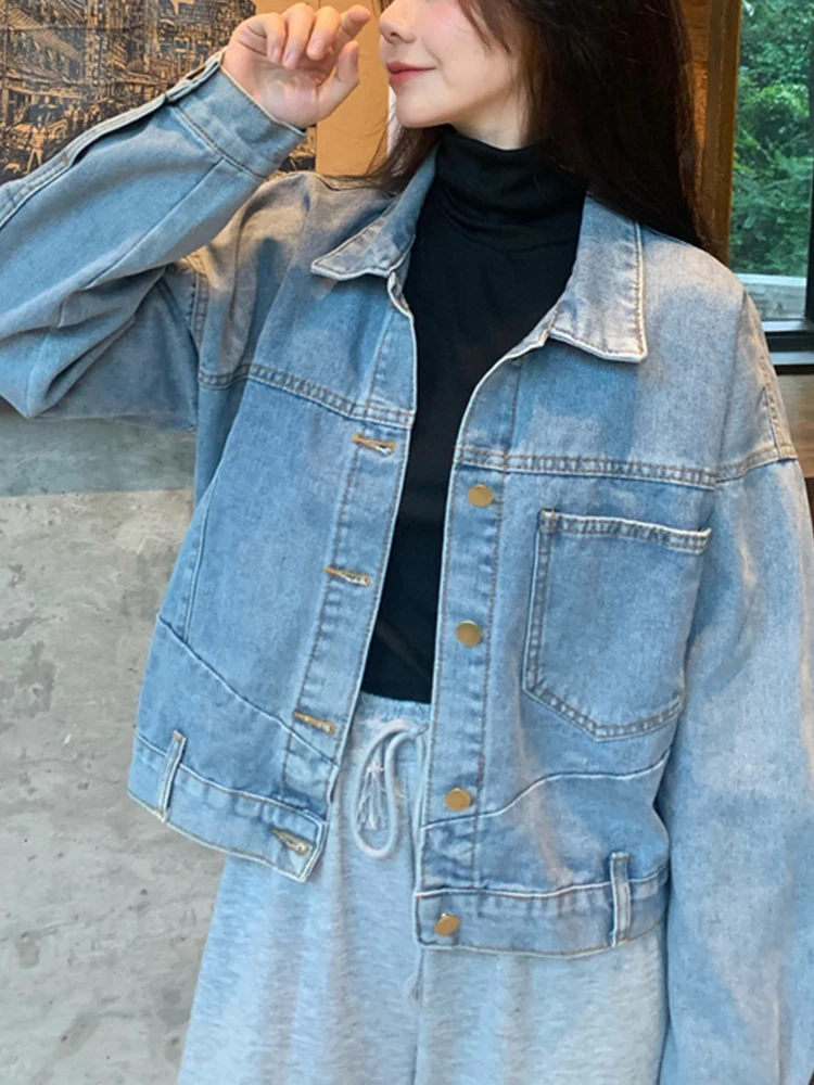 

Ailegogo New Spring Autumn Women Streetwear Loose Blue Denim Jacket Retro Female Single Breasted Pocket Coat Ladies Outwear