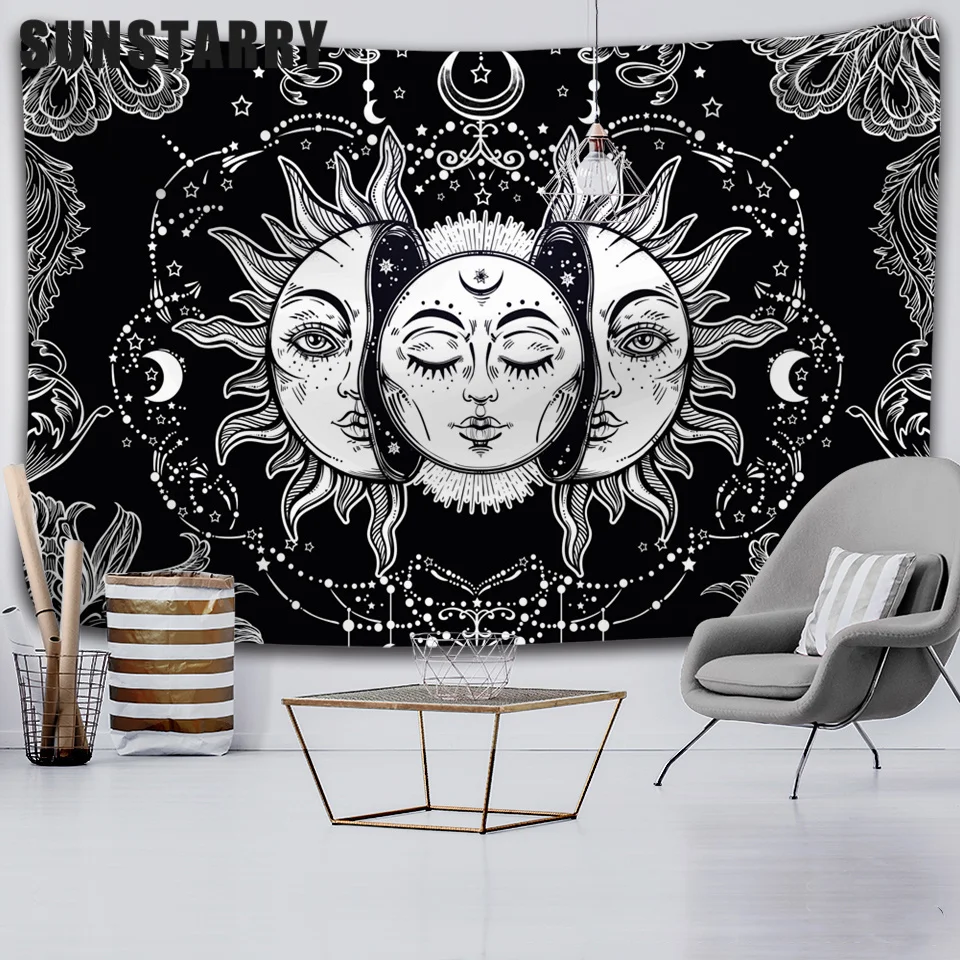 

White Black Sun Moon Mandala Tapestry Wall Hanging Witchcraft Wall Tapestry Hippie Wall Carpets Dorm Decor Psychedelic Tapestry