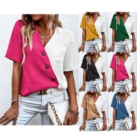 2022 summer new chiffon v neck casual fashion contrast color short sleeved shirt womens casual blouse cheap woman clothes