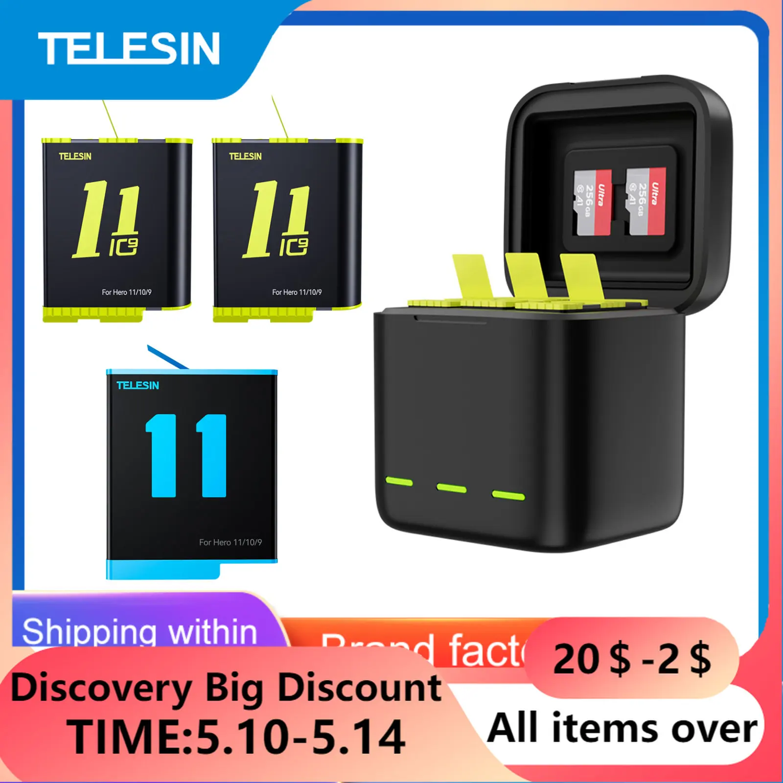 

TELESIN 1750 mAh Battery For GoPro Hero 11 10 9 Battery 3 Slots LED Light Charger TF Card Battery Storage Box For GoPro 9 10 11