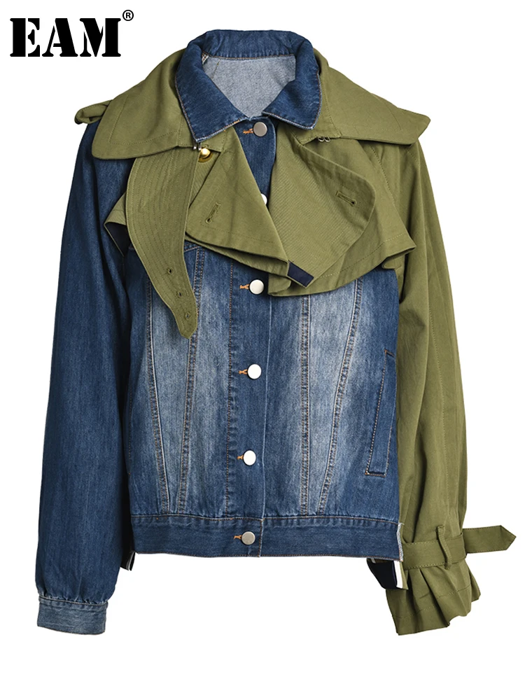 

[EAM] Loose Fit Army Green Denim Color-block Big Size Jacket New Lapel Long Sleeve Women Coat Fashion Spring Autumn 2023 1B09306