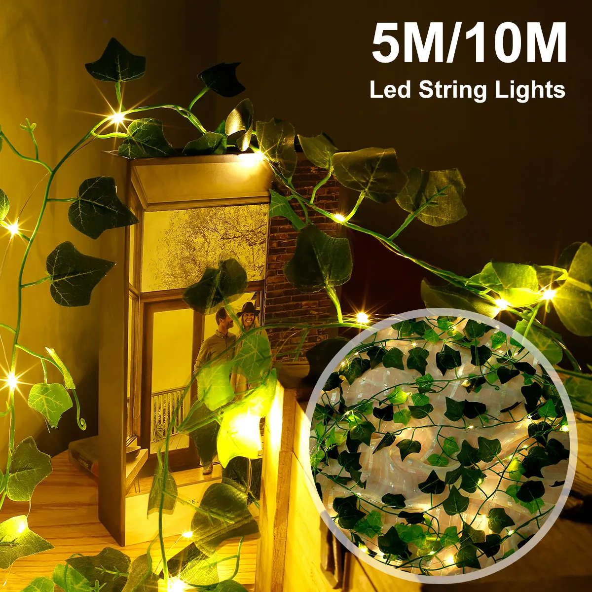 

5m 50LED/10m 100LED Green Maple Leaves Garland String Lights Artificial Wall Hanging Maple Leaves Vine Lights Battery Powered