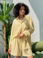 clacive fashion long sleeve blouses set woman 2 pieces casual loose yellow shorts set lady streetwear vacation sutis with shorts