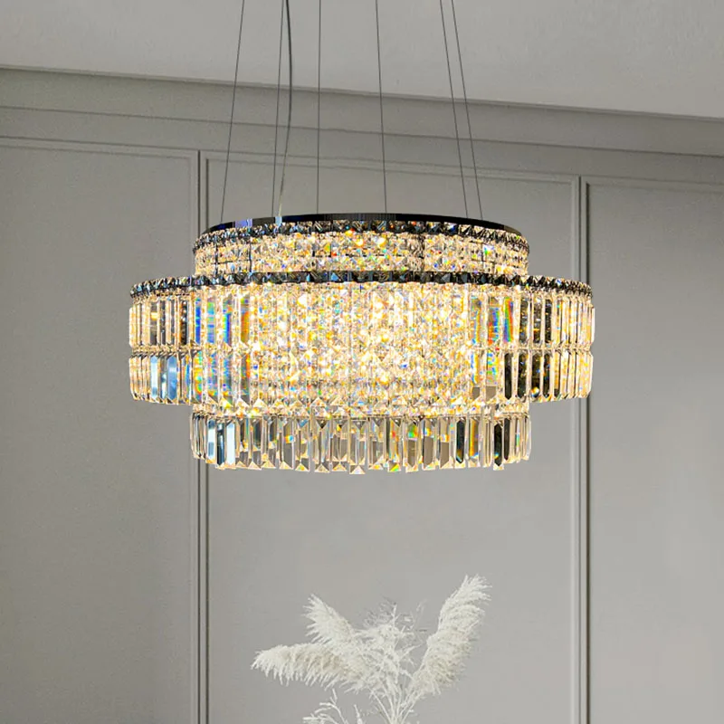 

Luxury Modern Silver Chandelier For Dining Room Home Decor Round Crystal Light Fixture Kitchen Island Rectangle Led Hanging Lamp