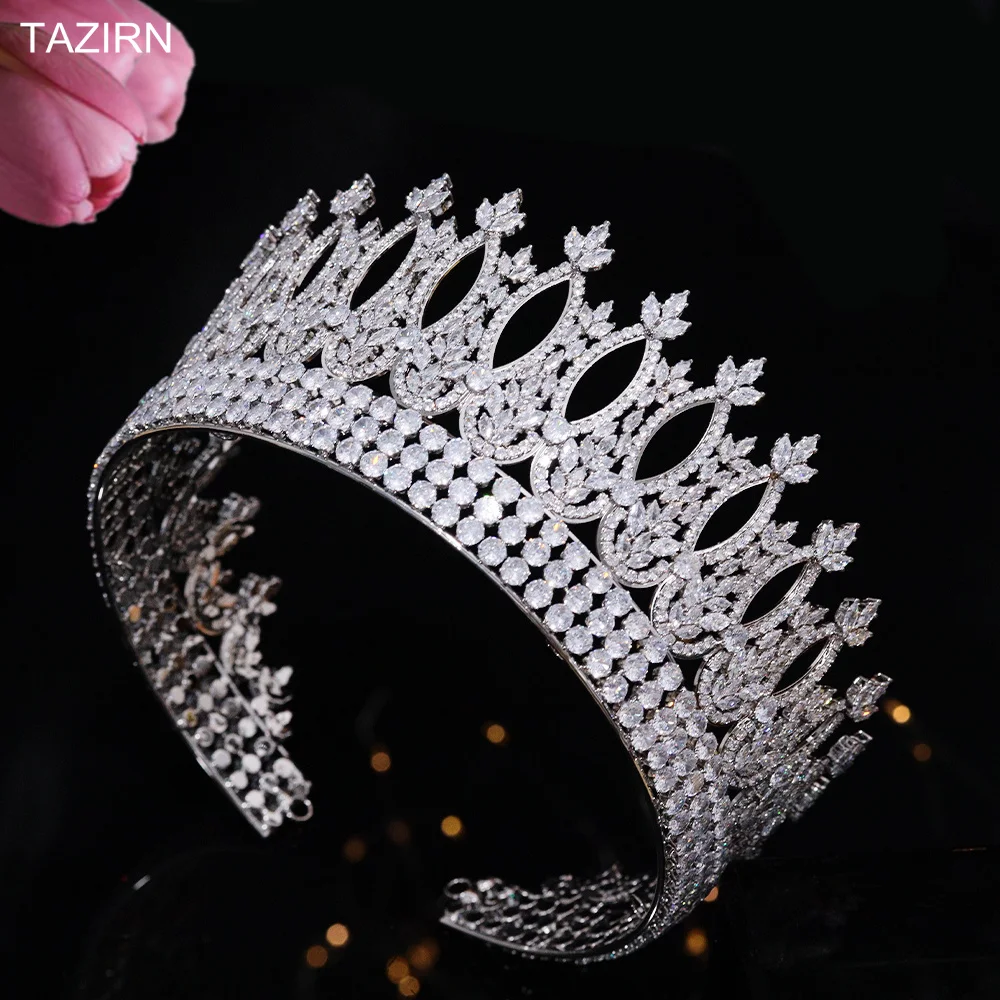 Фото TAZIRN полностью кубический цирконий, свадебные большие круглые короны и диадемы, головной убор принцессы и королевы с цирконием, аксессуары для волос, подарок для женщин №4