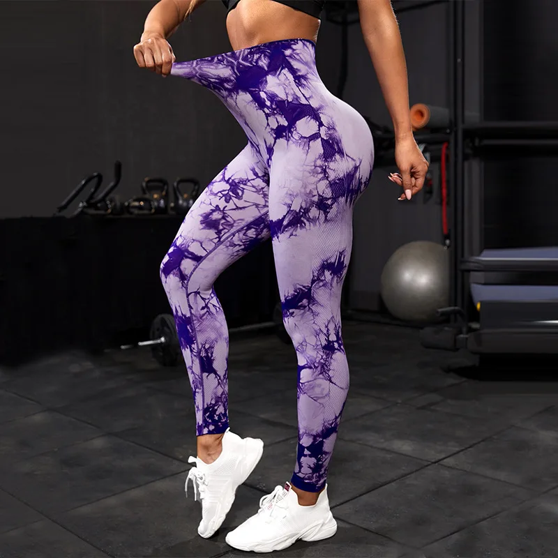 Trousers Sports female leggings gym yoga pants fitness peach hip-lifting high waist elastic tight fitness seamless tie-dye