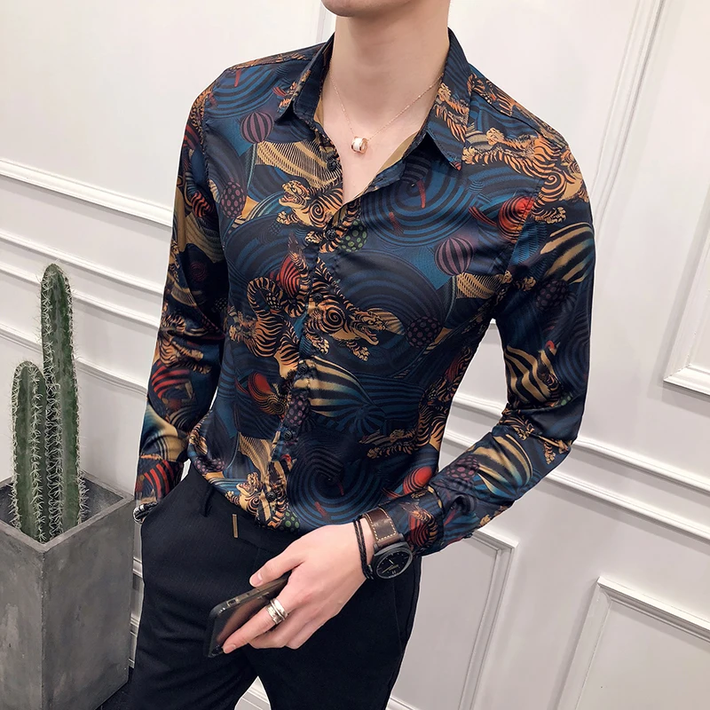 

Animal Print Fashion Show Vintage Shirt Men Camisa Masculina Slim Fit Club Party Prom Printed Mens Shirt Chemise Homme