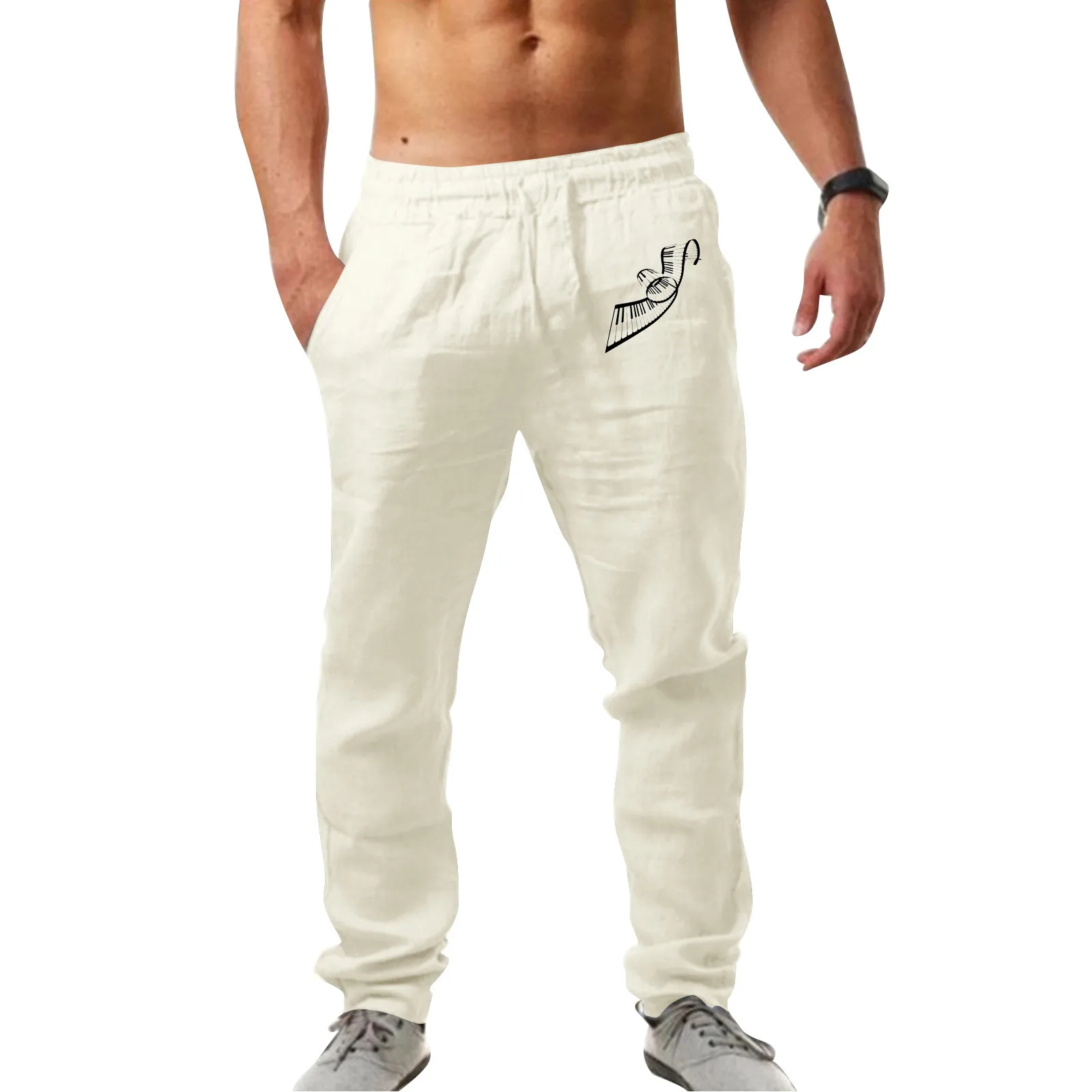 

Mens Fashion Casual Printed Linen Pocket Lace Up Pants Large Size Pants