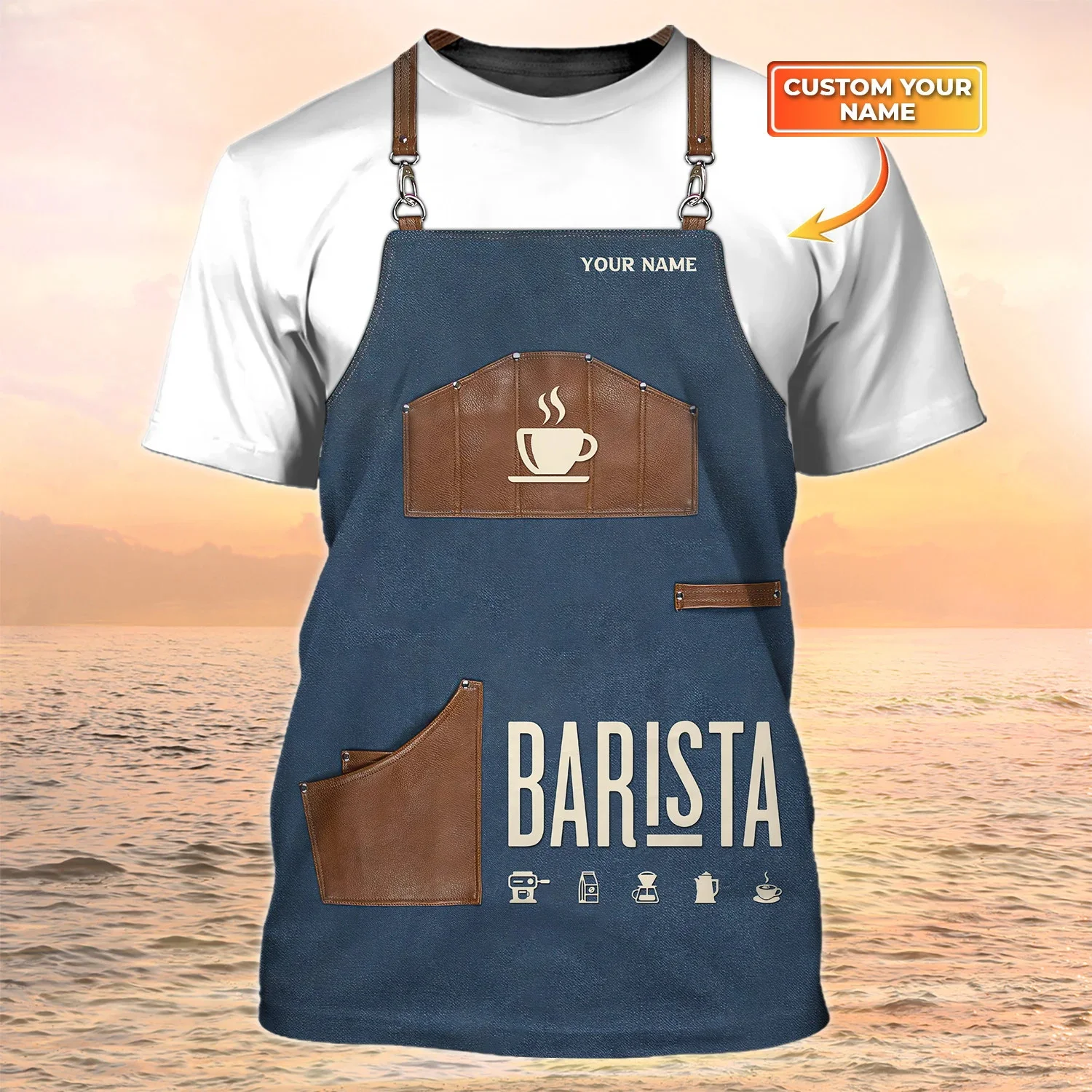 

Men's fashion summer round neck T-shirt barista personalized 3D print T-shirt Unisex Harajuku casual coffee shop uniform T-shirt