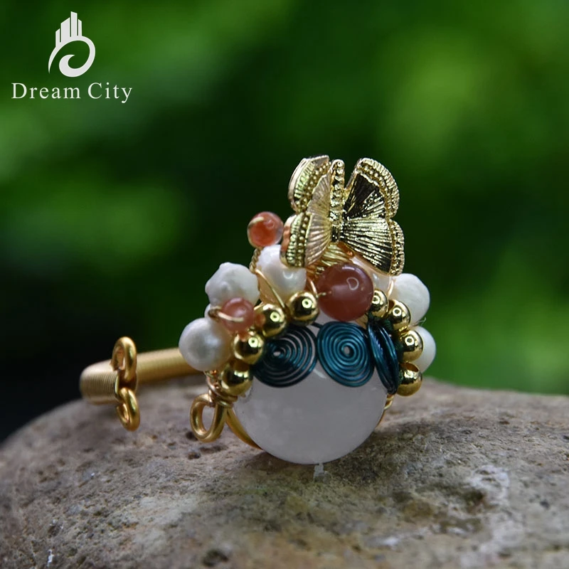 

Dream City Handmade Pure Natural Freshwater Pearl White Jade Gemstone Ring Original Women Fashion Fine Wedding Party Gift MR005