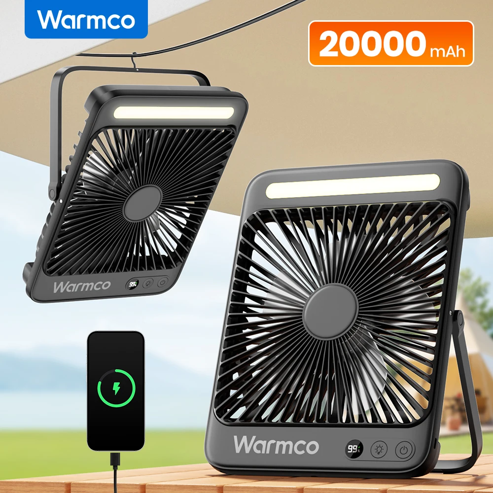 

Warmco 20000 мАч 8-дюймовый портативный вентилятор для кемпинга, светодиодная подсветка, тихий тонкий настольный персональный круизный вентилятор с батарейным питанием для путешествий, улицы