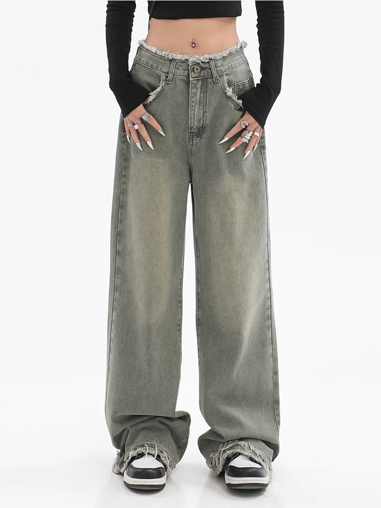 

Cowboy Pants Women High Waist Loose Wide Leg Clothing Y2K 2022 Autumn Winter Green Color Denim Trousers Female Harajuku Fashion