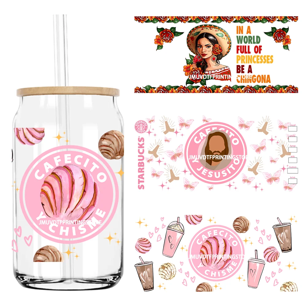 Фото Наклейка Cafecito Y Chisme Conchas UV DTF для стакана Libbey 16 унций, переводная наклейка для обертывания стакана, индивидуальная этикетка, DIY логотип, Meixcan Girl №1
