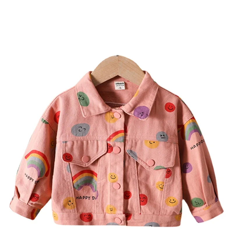 

2022 Girls Spring Autumn Denim Jacket 1-8years Old Children's Korean Style Tops Outwear Cardigan Coat Pink Smile Prints Knitwear