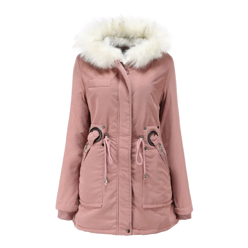Grey Cotton Coat Women Long Hooded White Fur Collar Winter Warm Wool Overcoat Women's Cotton Jacket Cold Coat