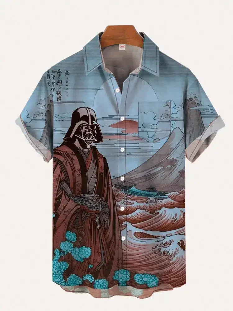Casual Fashion Men's Summer Shirt Ukiyo-e Retro Masked Samurai Landscape Painting Digital Print Short Sleeve