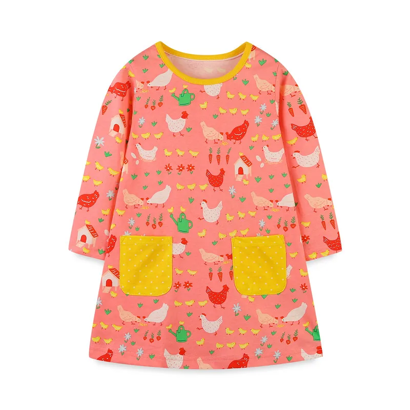 

Jumping Meters 2-7T Princess Girls Pockets Dresses Chicks Long Sleeve Children's Clothing Hot Baby Frocks Cute Animals Frocks