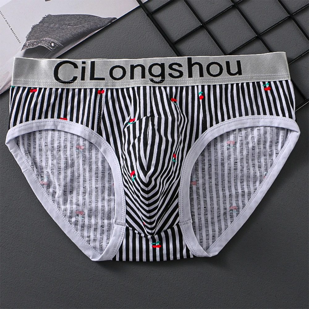 

Men Sexy U Convex Pouch Briefs Cotton Underwear Printed Stripe Scrotum Bulge Panties Undies Elastic Breathable Male Underpants
