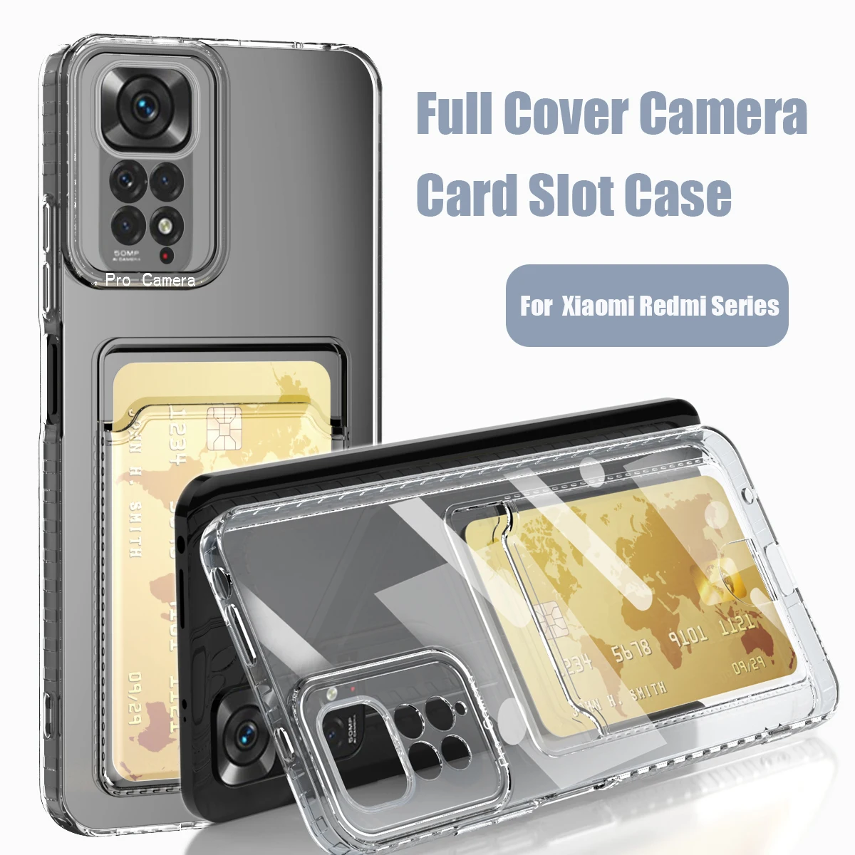 

Card Holder Slot Transparent Phone Case For Xiaomi Redmi Note 11 10 9 11E Pro 9S 10T Max Redmi 9 9C 10 Silicone Cover