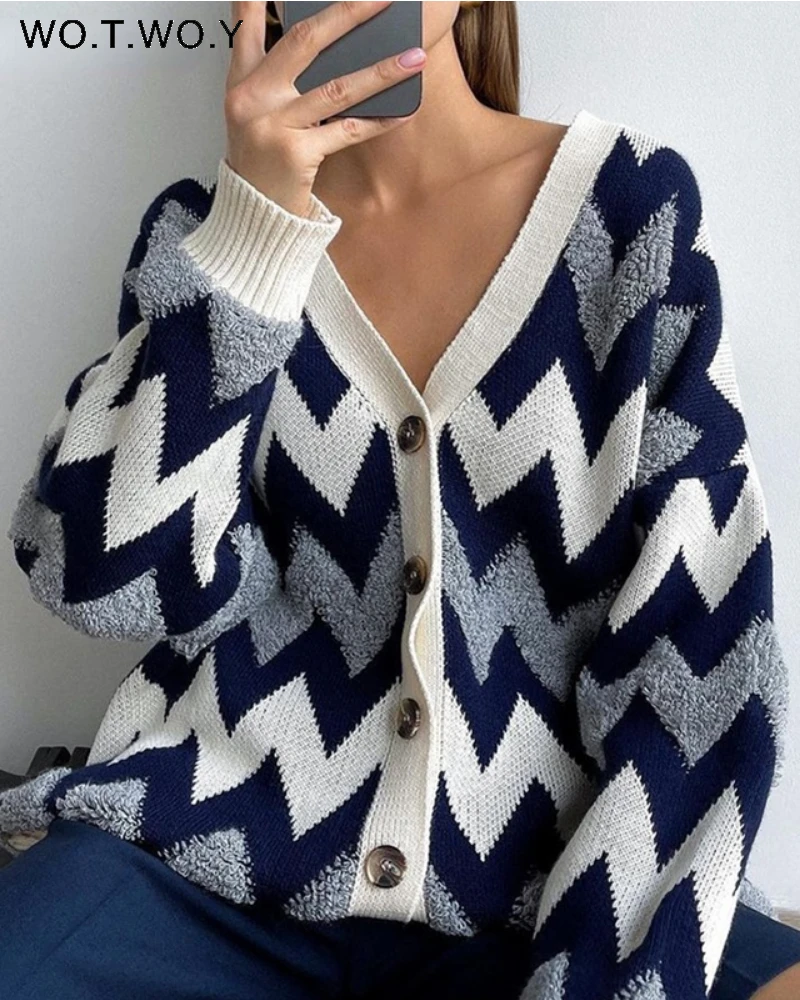 WOTWOY Striped Patchwork V-Neck Cardigan Women Autumn Winter Casual Sweater Femme Soft Knitted Tops Kawaii 2021 Kimono Cardigans
