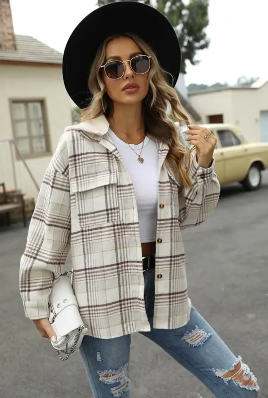 

Long Sleeve Plaid Print Shirt Ladies Autumn New Loose Jacket Cardigan Hooded Ladies Shirt Fashion Casual Top Women Jacket Coat