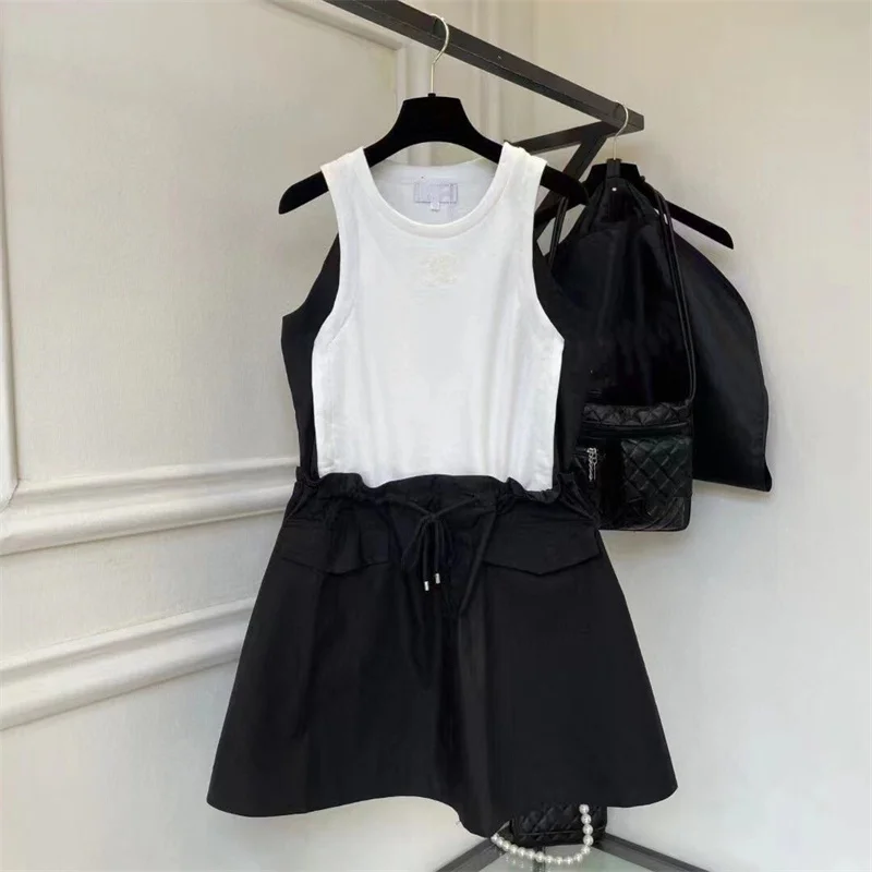 

Women O-Neck Vest Dress Black and White Pathched A-Line Elastic Waist Streetwear Casual Style Youth Faddish Beauty 2022 Summer