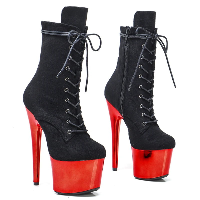 Leecabe 7inch/17CM Black Suede Upper with Red electroplater High Heel platform Boots closed toe Pole Dance boot