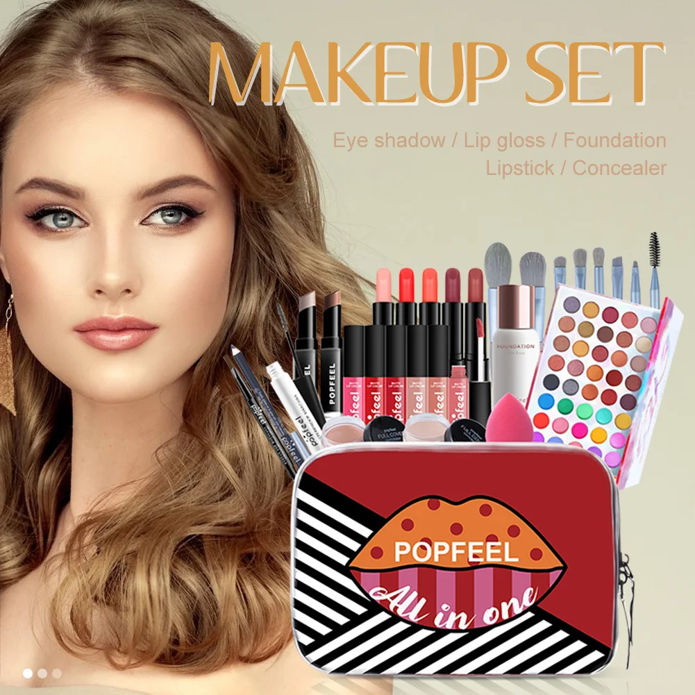 

All In One Makeup Set Eyeshadow Palette Foundation Concealer Mascara Eyeliner Eyebrow Pen Makeup Brush Set For Beginners