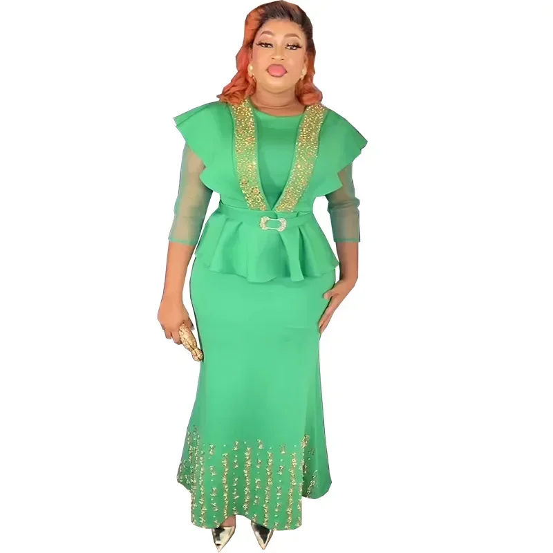 

Party Clothes for Women 2 Piece African 3/4 Sleeve O-neck Yellow Black Top Skirt Matching Sets African Clothes