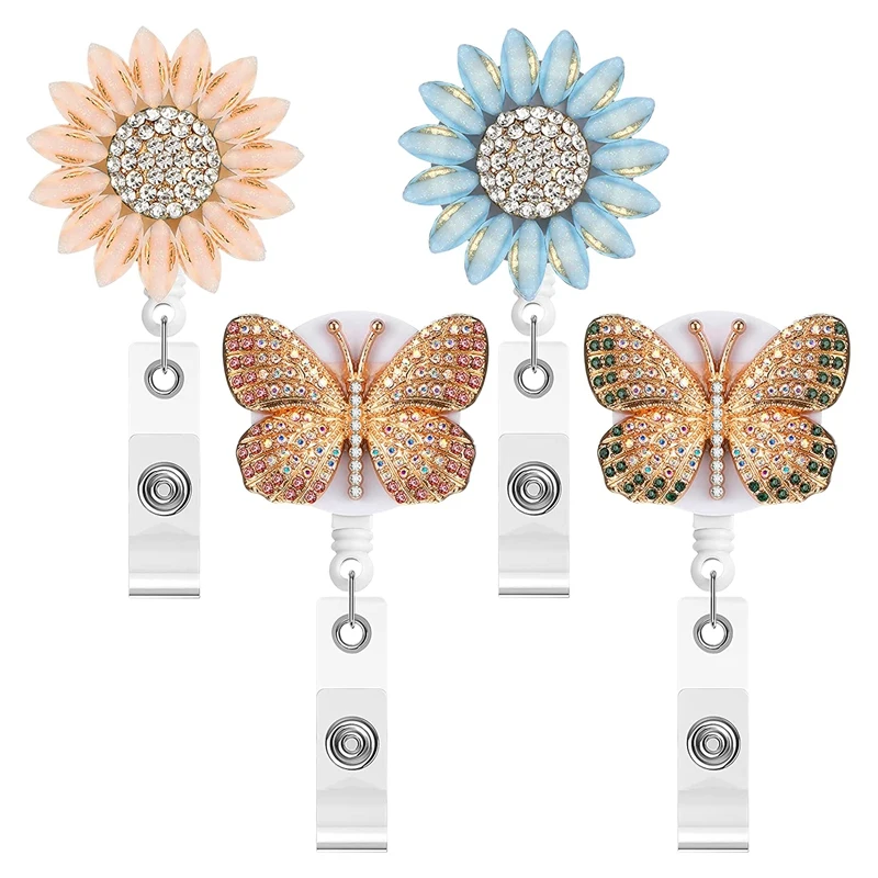 

4 Pcs Retractable Rhinestone Badge Reels Crystal ID Badge Reel Crystal Name ID Badge Holder With Clip For Women Nurses