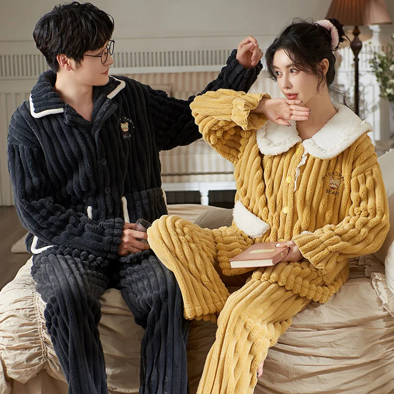 2022 Winter new couples pajamas Flannel and fleece thick pajamas Ladies casual cardigan coral fleece home dress set