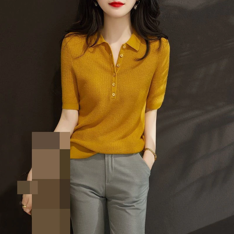 

Knitted ice silk short-sleeved women's summer thin top 2022 new sweater polo shirt knitted top women korean Pockets