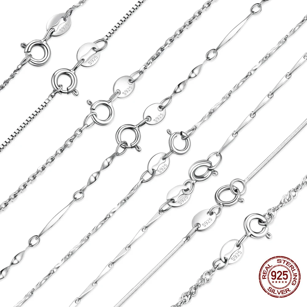 

8pcs/Lot Genuine 100% 925 Sterling Silver Necklace for Women Ingot Twisted Trace Belcher Snake Bar Singapore Box Chain Jewelry